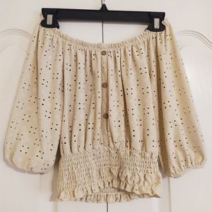 Beige eyelet off shoulder crop top